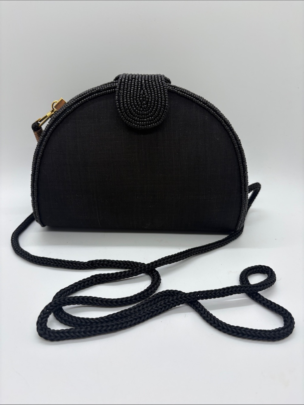 Black Beaded Half-Moon Mini Crossbody Evening Event Bag